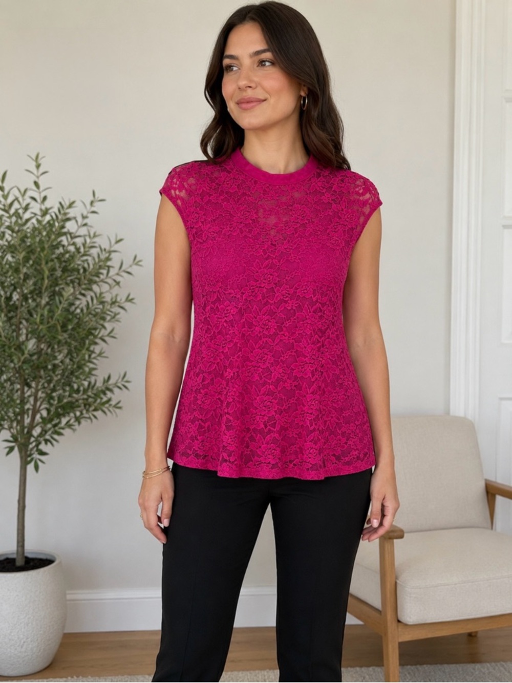 NWT Allegra K Hot Pink Floral Lace Mock Neck Cap Sleeve Blouse - Size M